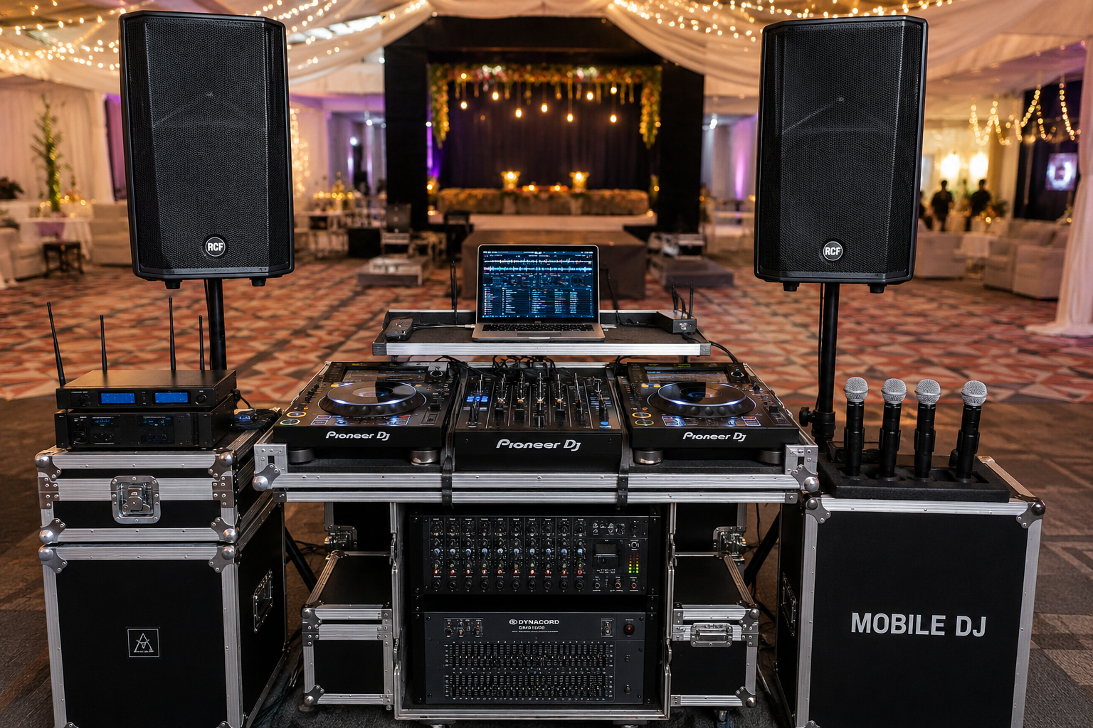 Mobile DJ setup with speakers, controller, mixer, microphones, and flight cases at an event venue