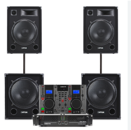Mobile DJ setup with speakers, controller, mixer, microphones, and flight cases at an event venue